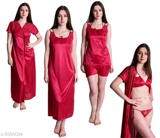 Satin Nightdress Set for Women (Red, L)
