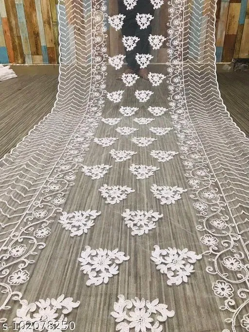 Floral Embroidered Net Dupatta for Women (White, Free Size)