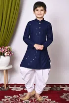 Rayon Cotton Embellished Kurta with Dhoti for Boys, Navy Blue & White 