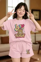Cotton Blend Printed Top & Bottom Set for Women, Pink 