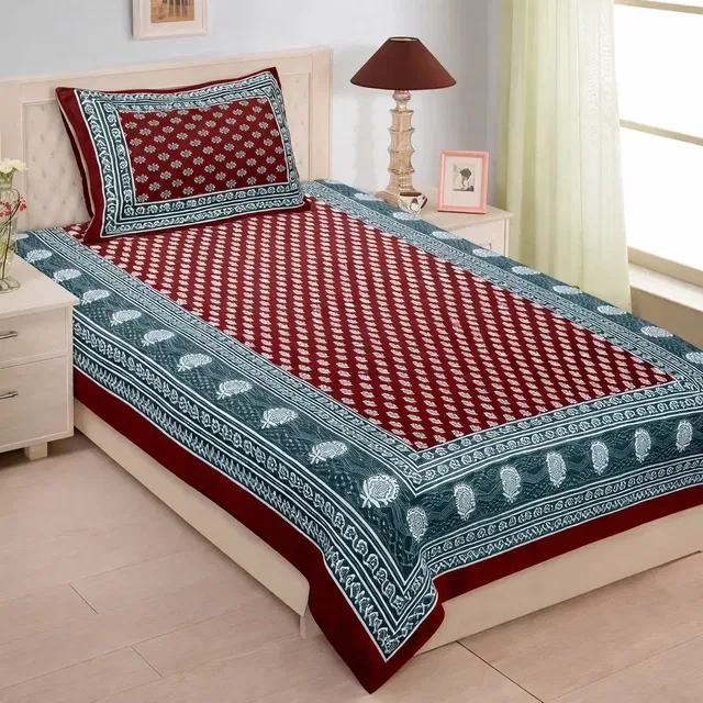 Jaipuri Cotton Single Bedsheet with 1 Pillow Covers | 58x80 Inch | Soft Breathable Fabric | Traditional Rajasthani Print