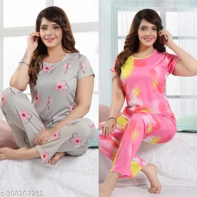 Satin Nightsuit for Women (Grey & Pink, XL) (Pack of 2)