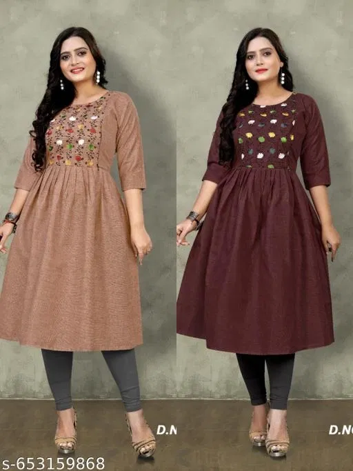 Solid Embroidered Cotton Kurti for Women, Pack of 2 (Brown, XL)