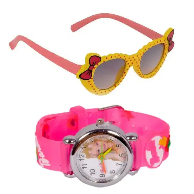 UV Protected Sunglass with Analog Watch for Boys & Girls (Yellow & Pink, Set of 2)