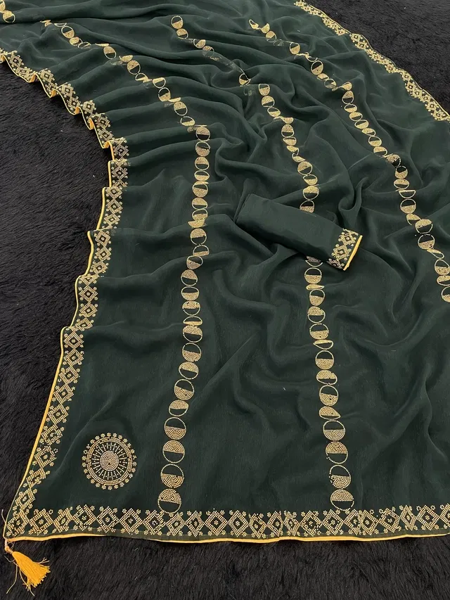 Crepe Solid Saree for Women (Bottle Green, 6.3 m)