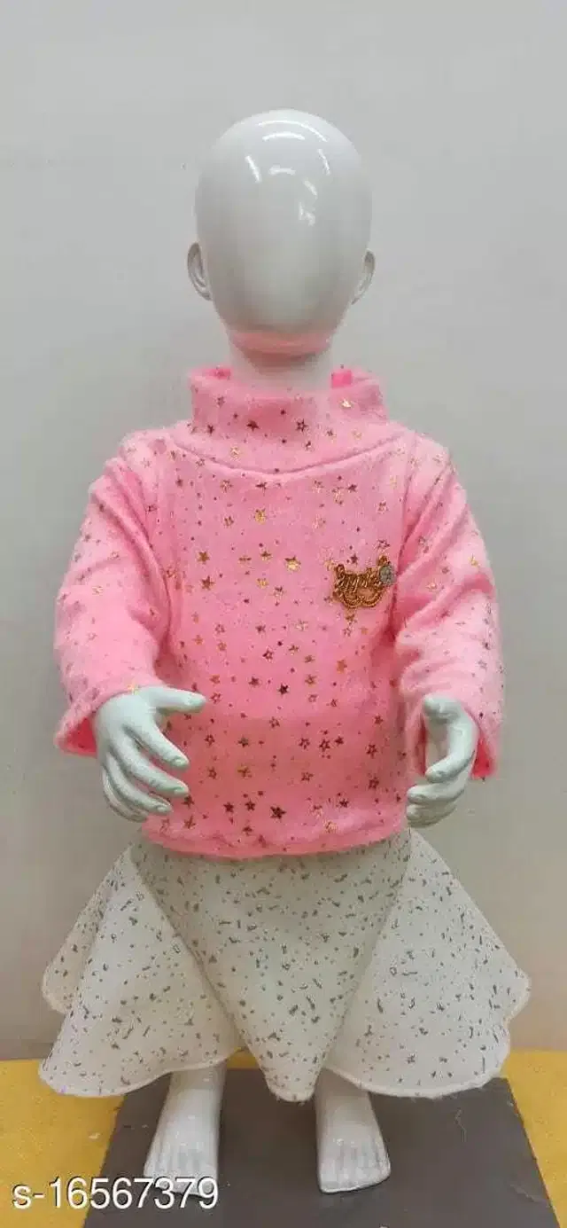 Woolen Full Sleeves Top & Bottom Clothing Set for Girls (Pink & White, 9-12 Months)
