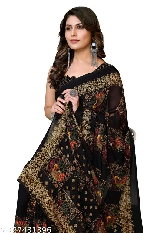 Elegant Georgette Saree for Women (Black, Free Size)