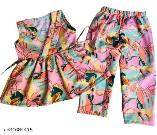 Rayon Slub Printed Clothing Set for Girls, Multicolour, Pack of 1 (6-9 Months)