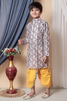 Dupion Silk Printed Kurta with Dhoti for Boys, Multicolor 