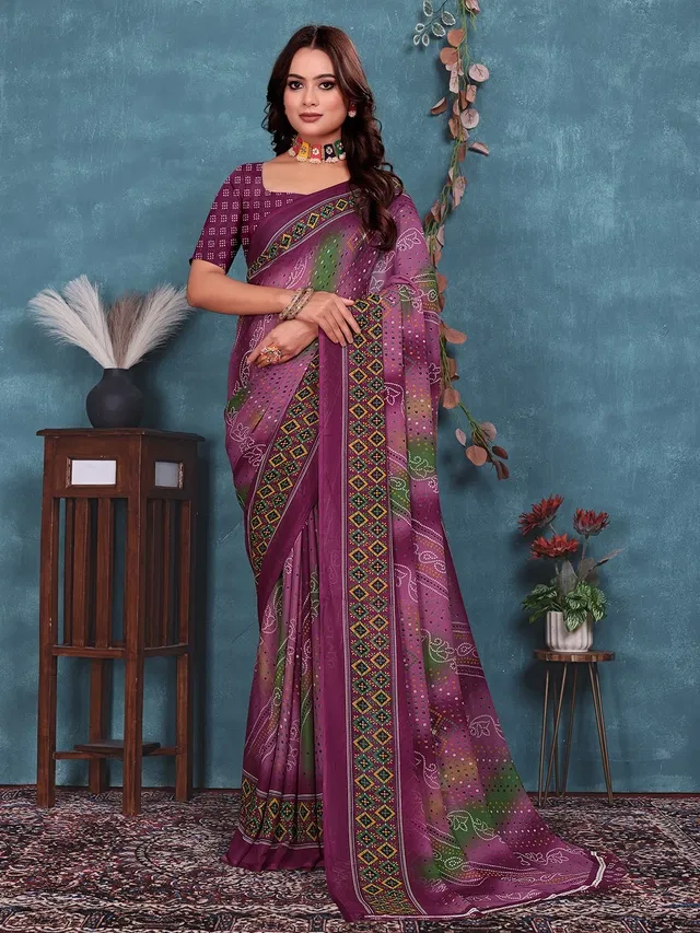 Georgette Printed Saree for Women (Wine, 6.3 m)