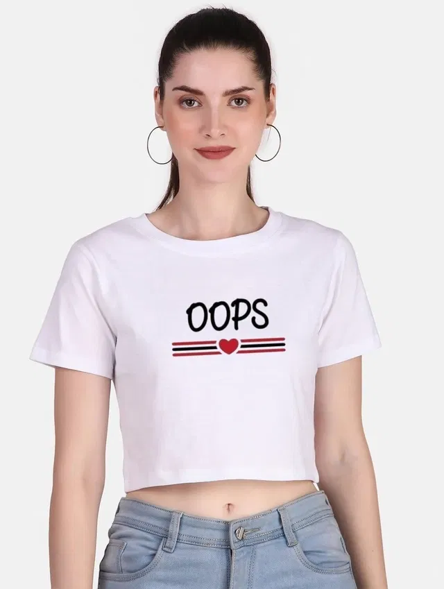 Cotton Blend Printed Top for Women (White, L)