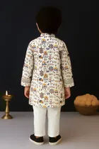 Cotton Printed Kurta with Payjama for Boys, Beige & White 