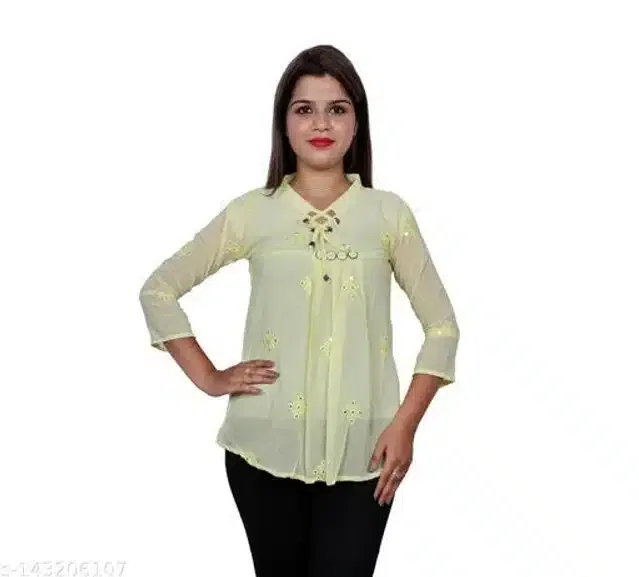 Three Quarter Sleeves Top for Women (Yellow, L)