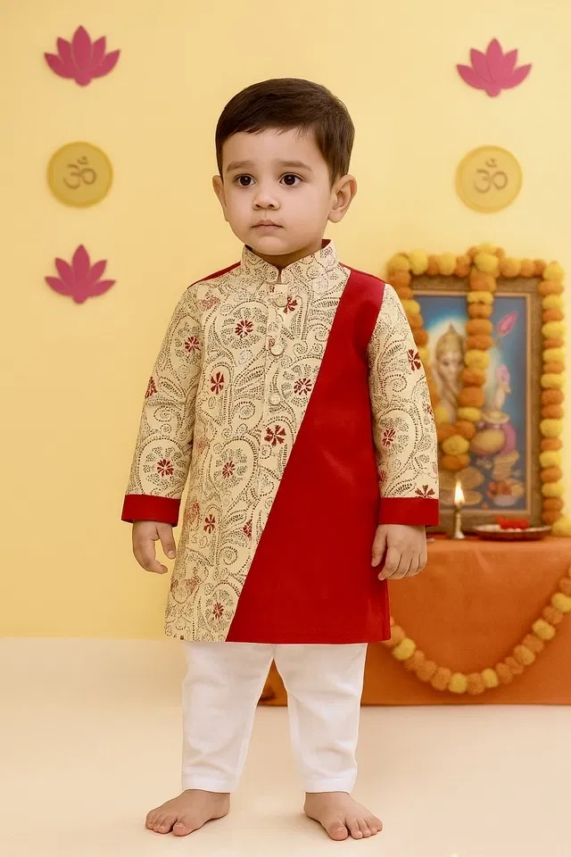 Cotton Printed Kurta with Payjama for Boys, Red & White (6-7 Years)