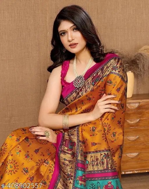 Art Silk Printed Saree for Women, Yellow (6.3 m)