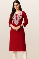 Star Design Cotton Embroidery Long Kurti For Women (Maroon) Size (S)