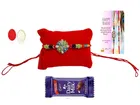 Combo of Metal Rakhi, Greeting Card, Roli  & Chocolate 