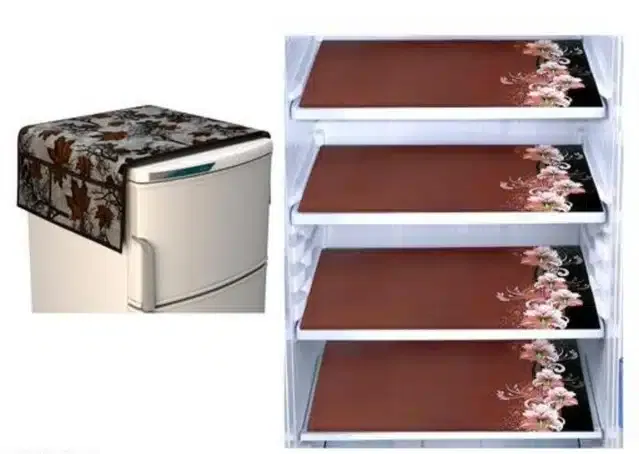 Knit Printed Fridge 4 Pcs Mat with Top Cover (Brown, Set of 1)