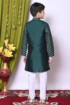 Dupion Silk Printed Kurta with Payjama for Boys, Bottle Green & White 