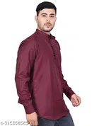 Cotton Blend Solid Short Kurta for Men, Maroon 