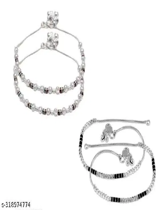Stainless Steel Anklets for Women (Black, Set of 2)