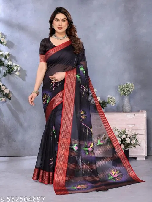 Chanderi Cotton Floral Printed Saree for Women (Black)