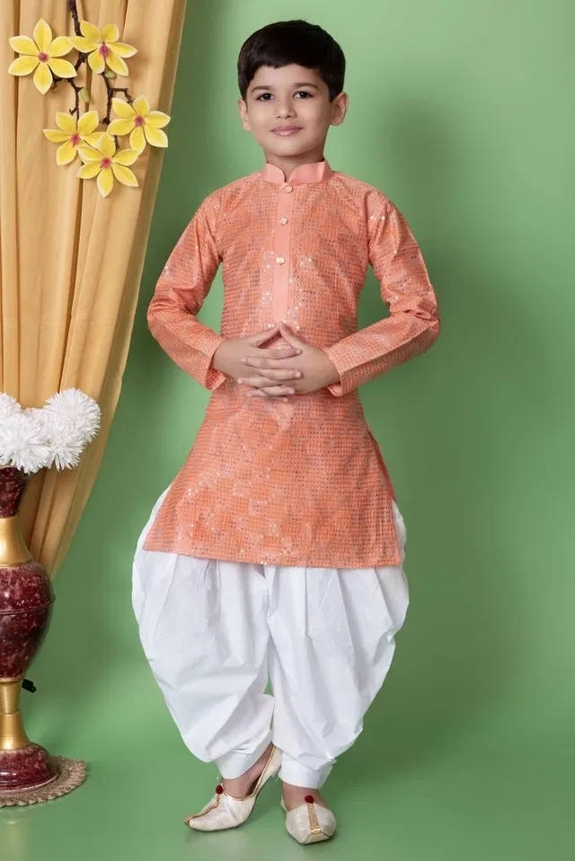 Dupion Silk Embellished Kurta with Dhoti for Boys, Peach & White (8-9 Years)