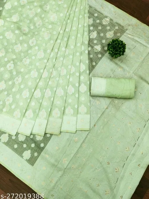 Cotton Zari Woven Saree for Women (Green, 6.3 m)