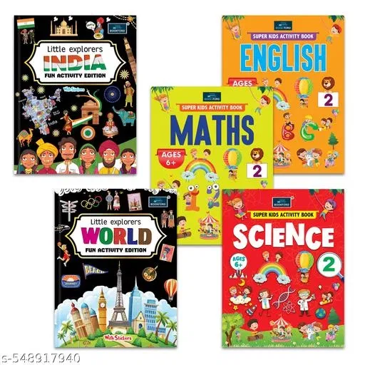 Little Explorers INDIA & WORLD Activity Editions with Stickers + Super Kids Maths, Science & English Workbooks (Part 2 )Age 4+ – Set of 5 Fun & Educational Books for Kids