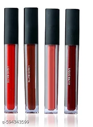 Professional Makeup Soft Matte Lipsticks Combo Set of 4 Lightweight All Day Stay Liquid Lipstick - Pure Red, Coffee, Maroon and Nudes Lipstick