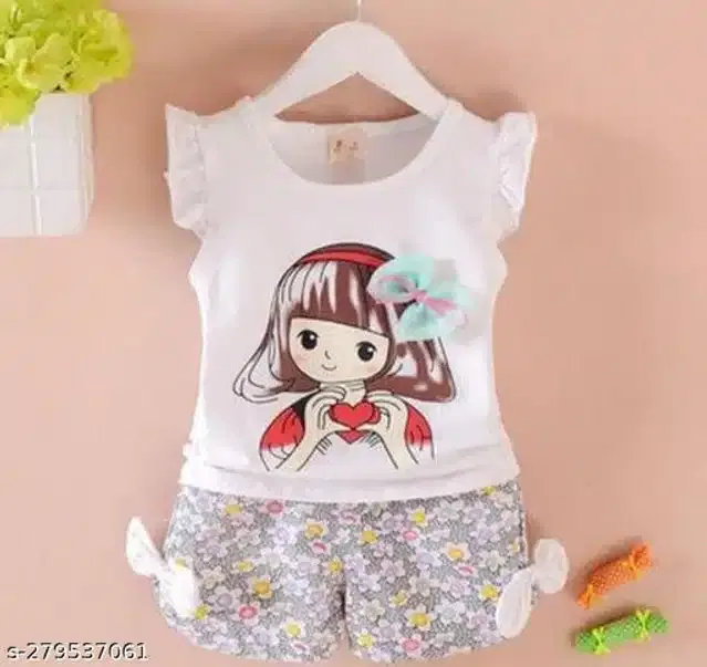 Hosiery Cotton Sleeveless Top & Bottom Clothing Set for Girls (White & Grey, 0-6 Months)