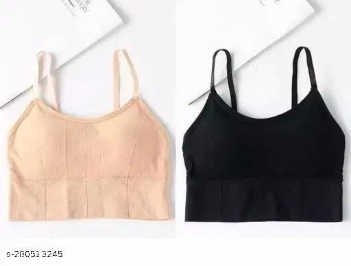 Nylon Sports Bra for Women, Black & Beige, Pack of 2 (32B)