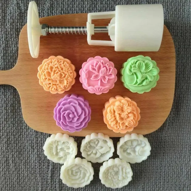 Moon Cake Mold Press with 5 Stamps, Multicolour, Set of 1