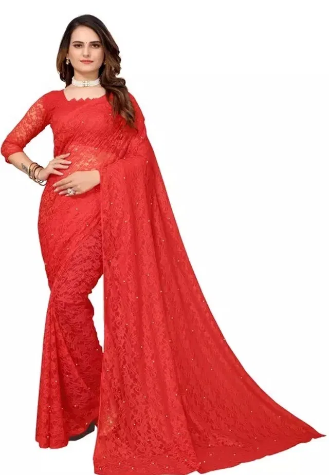 Net Solid Saree for Women (Red, 6.3 m)