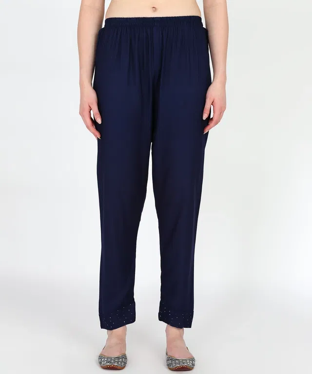 Rayon Solid Trousers for Women (Navy Blue, S)