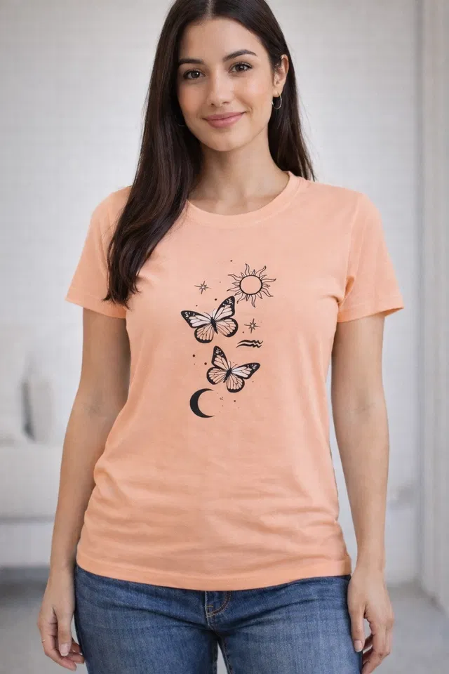 Cotton Blend Printed T-shirt for Men, Peach (XL)