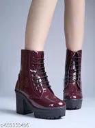 Solid Patent Leather Heeled Boots for Women Red 