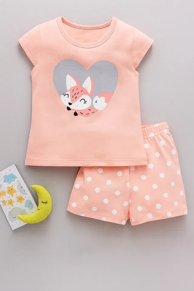 Cotton Blend Printed Clothings Set for Girls (Light Peach, 3-4 Years)