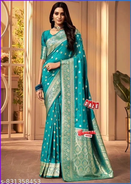 Zari Woven Kanjeevaram Saree for Women (Blue, Free Size)