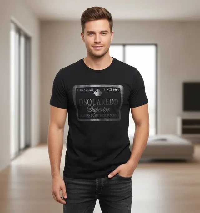 Cotton Lycra Printed T-Shirt for Men, Black (L)