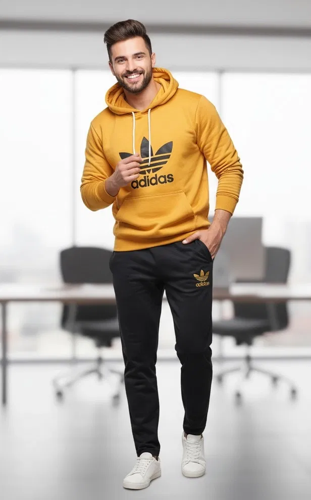 Fleece Printed Tracksuit for Men, Black & Yellow (XL)