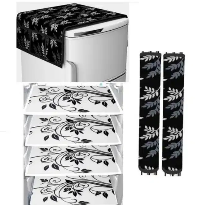 Knit Printed Fridge 4 Pcs Mat with 2 Pcs Handle & Top Cover (Multicolor, Set of 1)