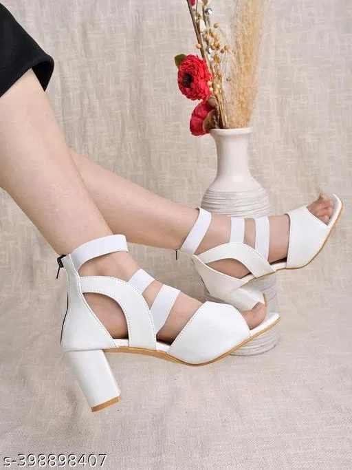 [100] Solid Synthetic Block Heel Sandals for Women (White, IND-7)