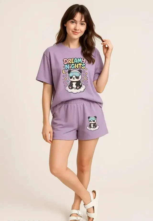 Cotton Blend Printed Top & Bottom Set for Women, Purple (M)