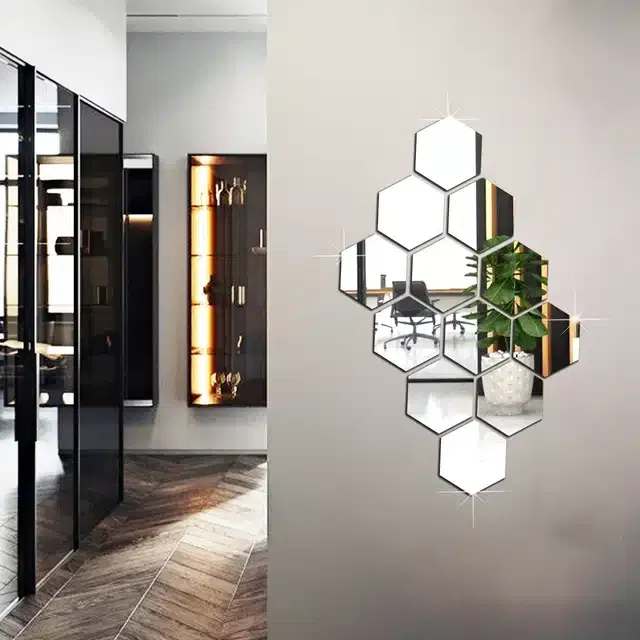 Acrylic Hexagon Shaped Wall Mirror Stickers (Silver, Pack of 12)