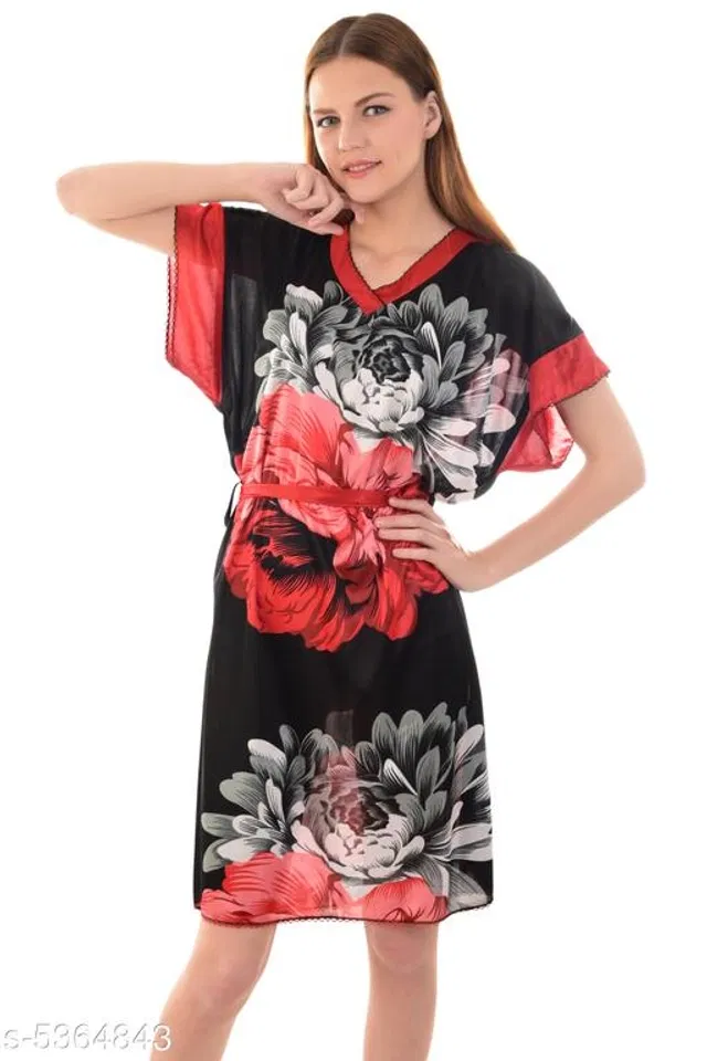 Satin Nightdress Set for Women (Red & Black, Free Size)