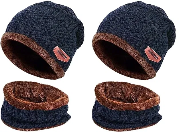 Woolen Cap with Neck Warmer for Men & Women (Navy Blue, Pack of 2)