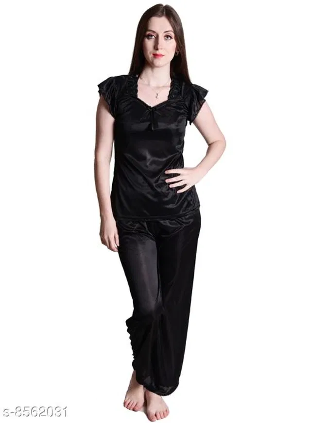 Satin Nightsuit Set for Women (Black, L)