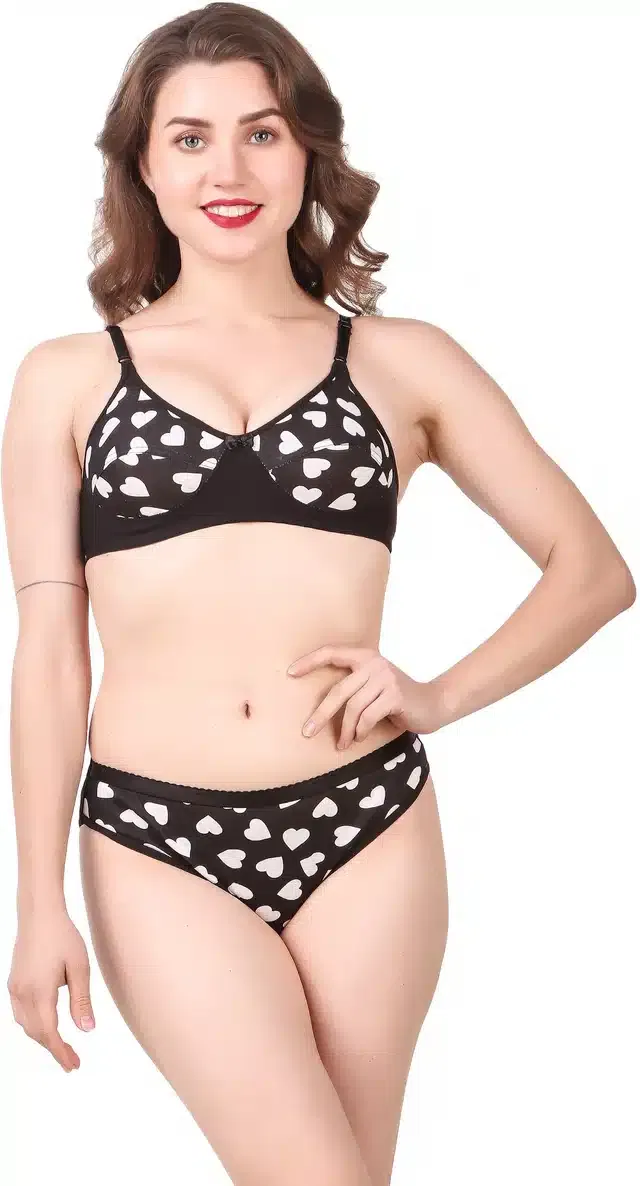 Cotton Blend Lingerie Set for Women (Black, 32)