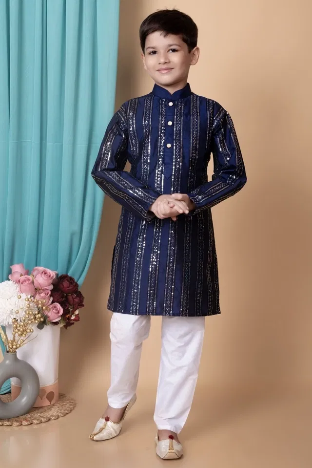 Dupion Silk Embellished Kurta with Payjama for Boys, Navy Blue & White (4-5 Years)
